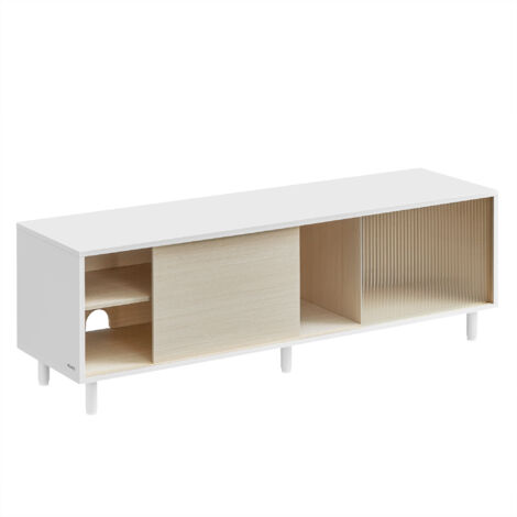 Vasagle – Meuble TV moderne pour téléviseurs jusqu'à 60" – Montage rapide sans outil – Verre cannelé – Dimensions 140 x 39 x 45 cm – Blanc nuage et beige naturel (1/5)