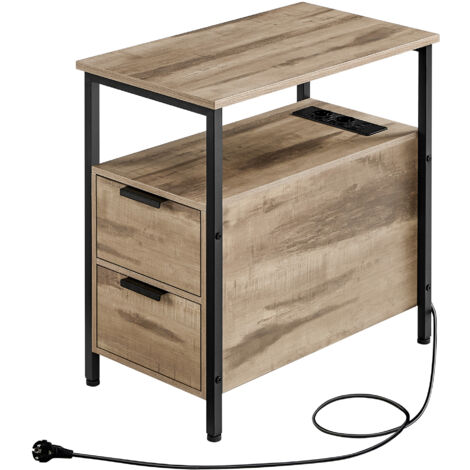 Vasagle – Table d’appoint marron camel et noir d'encre – 2 tiroirs – Multiprise avec 2 prises CA et 2 ports USB – Dimensions 60x35x61 cm