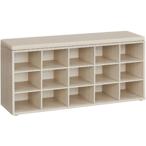 Vasagle – Banc à chaussures 15 compartiments – Rangement assise rembourrée 30 x 105 x 48 cm – Capacité de charge 200 kg – Beige naturel et cappuccino