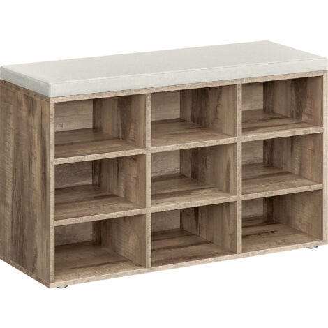 Banc à Chaussures, Meuble d’Entrée, Rangement Chaussures, Assise Rembourrée et 9 Compartiments, Étagère Porte-chaussures, Capacité de Charge 136 kg, Marron Camel