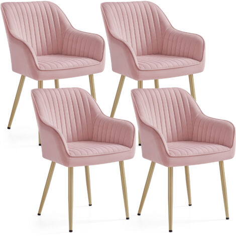 SONGMICS Chaise Salle à Manger, lot de 4, Chaise de Cuisine, Fauteuil en Velours, Rembourrée, avec Accoudoirs, Charge Max. 120 kg, Pieds en Métal, pour Salle à Manger, Rose Bonbon et Doré Clair