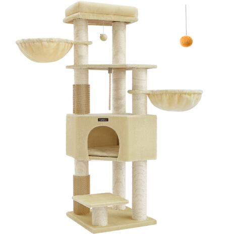 Feandrea – Arbre à chat grand et stable 50 x 50 x 160 cm – Tapis chaud, poteaux à griffer en sisal, hamacs, auto-toiletteurs – Beige sable