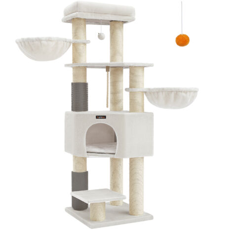 Feandrea – Arbre à chat grand et stable 50 x 50 x 160 cm – Tapis chaud, poteaux à griffer en sisal, 2 auto-toiletteurs, niche, hamacs – Blanc crème, beige
