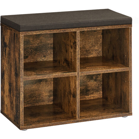 Banc à Chaussures, Organiseur de Chaussures avec 4 Compartiments et 2 Étagères Réglables, Siège Rembourré, pour Entrée, Couloir, Placard, Marron Rustique (1/5)