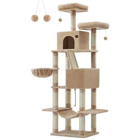 Feandrea – Arbre à chat 206 cm – 13 griffoirs – 2 niches et 2 plate-formes – Panier et hamac en tissu peluche – Multi-niveaux pour chats d'intérieur
