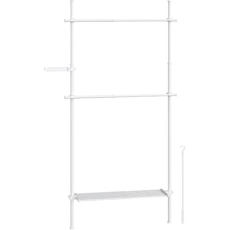Portant à Vêtement du Sol au Plafond, Portique Vêtement Stable, Rangement 3 Niveaux, Étagère Extensible, Bras de Support Pliable, Barres Télescopiques, Blanc mat