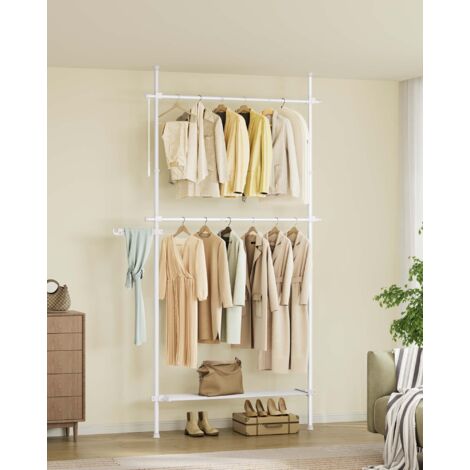 Portant à Vêtement du Sol au Plafond, Portique Vêtement Stable, Rangement 3 Niveaux, Étagère Extensible, Bras de Support Pliable, Barres Télescopiques, Blanc mat