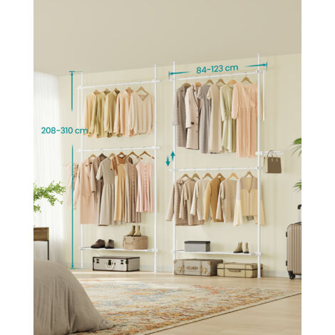 Portant à Vêtement du Sol au Plafond, Portique Vêtement Stable, Rangement 3 Niveaux, Étagère Extensible, Bras de Support Pliable, Barres Télescopiques, Blanc mat