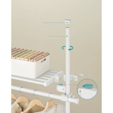 Portant à Vêtement du Sol au Plafond, Portique Vêtement Stable, Rangement 3 Niveaux, Étagère Extensible, Bras de Support Pliable, Barres Télescopiques, Blanc mat