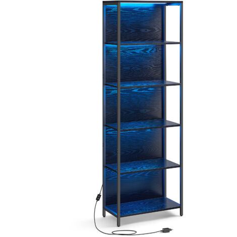 Vasagle – Bibliothèque LED 6 niveaux – Étagère avec lumière réglable – Acier noir boisé – Dimensions 30,3 x 60 x 178,6 cm – Pour salon, chambre, bureau