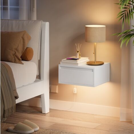 Vasagle – Table de chevet suspendue avec lumière 3 couleurs – Tiroir pratique – Dimensions 35 x 40 x 18 cm – Design moderne blanc nuage (1/5)