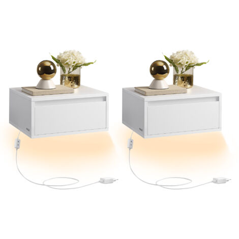 Vasagle – Tables de chevet suspendues lot de 2 – Dimensions 35 x 40 x 18 cm – Matériau MDF – Éclairage LED 3 couleurs – Style moderne blanc nuage