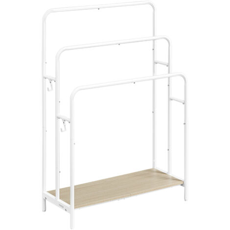 Vasagle – Porte-serviette sur pied 3 barres 100 cm – Métal blanc mat et beige naturel – Séchage rapide et stabilité renforcée – 2 crochets et étagère