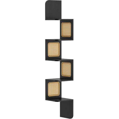 Étagère d’Angle, Étagère Murale Flottante à 5 Niveaux, Étagère d’Angle en Zigzag, Côtés en Rotin PVC, Gain de Place, pour Cuisine, Chambre, Salon, Style Boho, Noir Cendré (1/5)