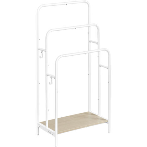 Porte Serviette Salle de Bain, Range Serviette, sur Pied, 3 Barres, 50 x 30 x 100 cm, 2 Crochets, Étagère de Rangement, Blanc Mat et Beige Naturel