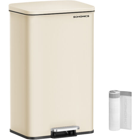 Songmics – Poubelle à pédale 40L en acier – Couvercle à fermeture douce – Dimensions 34,8 x 32,1 x 55,7 cm – 15 sacs poubelles inclus – Beige