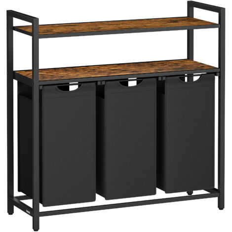 Vasagle – Panier à linge 3 compartiments – 120L total – Tissu Oxford, cadre métal – 2 étagères pour rangement – Marron rustique et noir