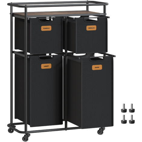 Vasagle – Panier à linge mobile 115 L – 4 compartiments avec sacs amovibles – Étagère de rangement – 4 roulettes dont 2 avec freins – Noir et marron