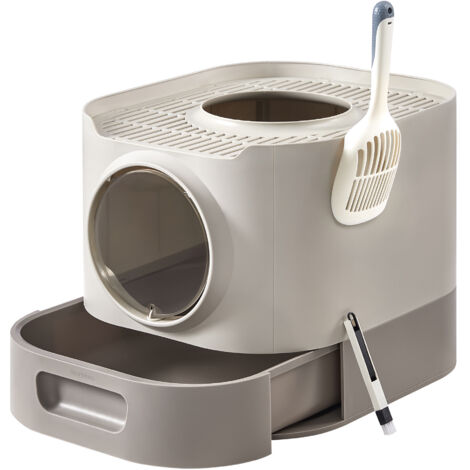 Feandrea – Bac à litière pour chat XXL avec couvercle – Plateau amovible et anti-fuite – Espace pour grands chats – Inclus pelle et brosse – Oatmeal gris chaud