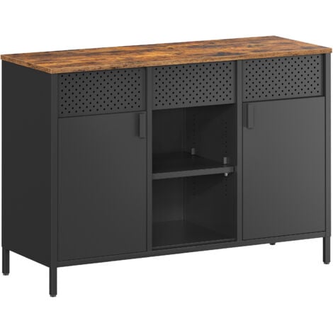 SONGMICS Armoire de Rangement, Meuble en Métal, Placard à Double Portes, Buffet, Fermeture Magnétique, Étagères Réglables, Cadre en Acier, Marron Rustique et Noir Mat
