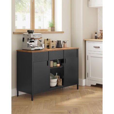 SONGMICS Armoire de Rangement, Meuble en Métal, Placard à Double Portes, Buffet, Fermeture Magnétique, Étagères Réglables, Cadre en Acier, Marron Rustique et Noir Mat