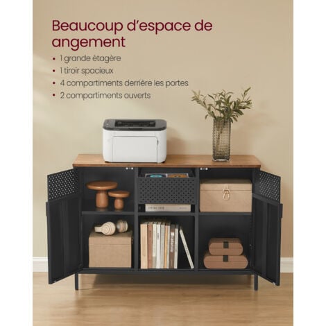 SONGMICS Armoire de Rangement, Meuble en Métal, Placard à Double Portes, Buffet, Fermeture Magnétique, Étagères Réglables, Cadre en Acier, Marron Rustique et Noir Mat