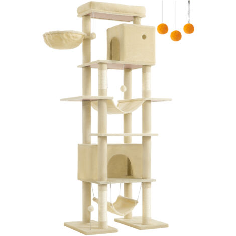 Feandrea – Arbre à chat 201 cm – Multi-niveaux avec 1 plateforme, 1 panier, 2 niches et 2 hamacs – Dispositif anti-basculement – Beige (1/5)