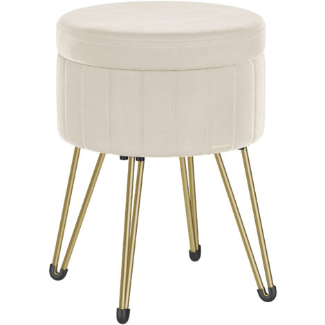 Songmics – Tabouret de rangement rond en velours – Siège confortable avec mousse haute densité – 39 x 44,4 cm – 4 pieds en métal – Blanc crème