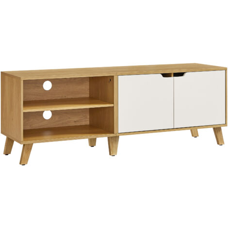Vasagle – Meuble TV 2 portes – Support télé avec étagères réglables – Longueur 140 cm – Pour télévisions jusqu’à 60 pouces – Chêne naturel et blanc crème
