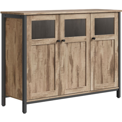 Vasagle – Buffet en bois marron camel et acier noir – 3 portes en verre – Dimensions 100 x 35 x 75 cm – Pour salle à manger, salon, cuisine