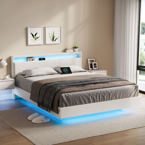 Vasagle – Lit double flottant 160 x 200 cm – Éclairage LED ajustable – Acier robuste – Tête de lit haute – 3 ports USB – Blanc nuage