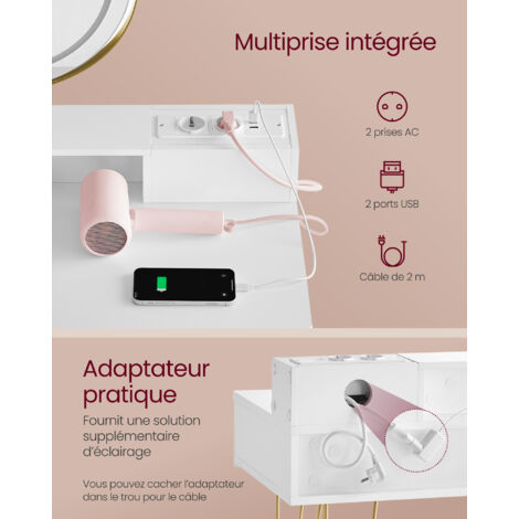 Coiffeuse VASAGLE Avec Miroir éclairé - 100cm De Large - Multiprise USB - Tabouret Rembourré - Blanc Et Doré