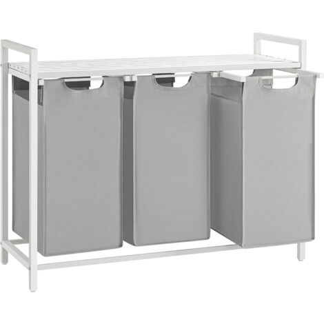 Vasagle – Panier à linge 3 compartiments – Sac amovible en tissu Oxford – Étagère en métal – Capacité 114 L – Dimensions 92,5 x 33 x 72 cm – Gris tourterelle