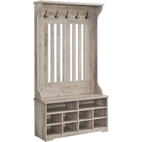 Meuble d’Entrée, Porte-manteau avec Banc à Chaussures, Vestiaire, Rangement pour Chaussures, 5 Crochets Triples, Gain de Place, pour Entrée, Couloir, Étagères Réglables, Grège