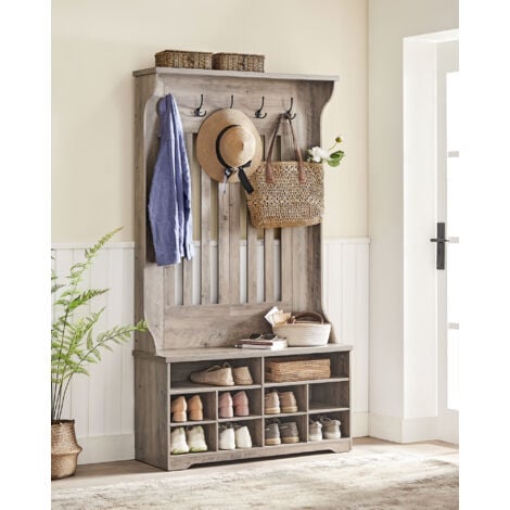 Meuble d’Entrée, Porte-manteau avec Banc à Chaussures, Vestiaire, Rangement pour Chaussures, 5 Crochets Triples, Gain de Place, pour Entrée, Couloir, Étagères Réglables, Grège