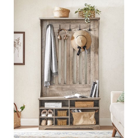 Meuble d’Entrée, Porte-manteau avec Banc à Chaussures, Vestiaire, Rangement pour Chaussures, 5 Crochets Triples, Gain de Place, pour Entrée, Couloir, Étagères Réglables, Grège