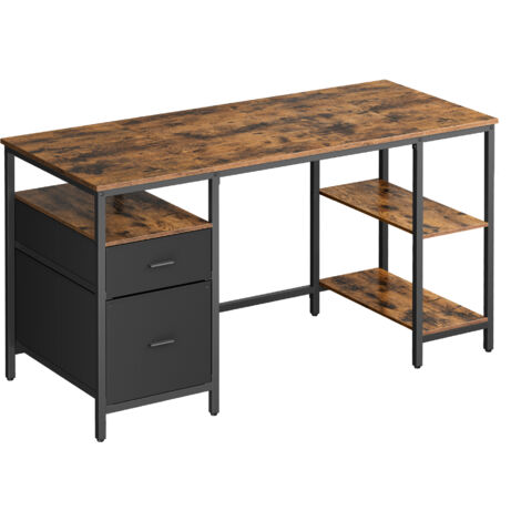 Vasagle – Bureau droit avec rangement 60 x 140 cm – 2 tiroirs et 3 étagères – Acier et aggloméré marron – Style industriel pour bureau et salon