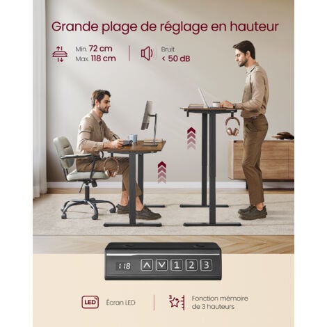 VASAGLE Bureau Électrique Réglable en Hauteur, Cadre de Bureau Assis-debout, Support de Table, sans Plateau de Table, avec 2 Crochets, Fonction Mémoire 3 Hauteurs, Acier, Noir d'Encre
