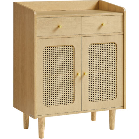 Buffet, Meuble de Rangement, Placard avec Portes et Tiroirs en Rotin, Étagère Réglable, Style Bohème, pour Salle à Manger, Salon, Beige Chêne