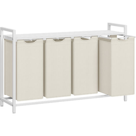 Vasagle – Panier à linge 4 compartiments 160 L – Sacs amovibles en tissu Oxford – Dimensions 116 x 33 x 72 cm – Blanc crème et blanc mat (1/5)