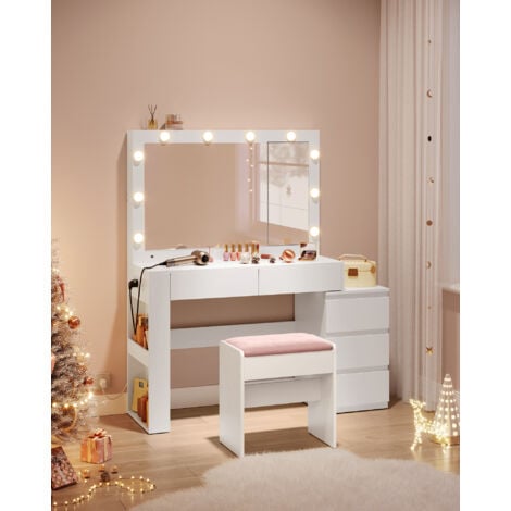 Coiffeuse, Table de Maquillage avec Tiroir, avec Éclairage LED et Miroir, Armoire à Bijoux, Multiprise, 40 x 125 x 140 cm, Conception Moderne, Blanc Nuage