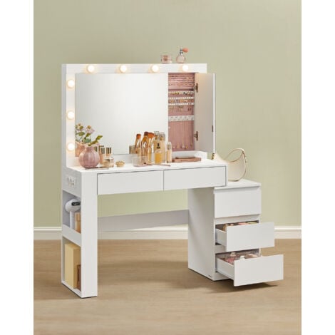 Coiffeuse, Table de Maquillage avec Tiroir, avec Éclairage LED et Miroir, Armoire à Bijoux, Multiprise, 40 x 125 x 140 cm, Conception Moderne, Blanc Nuage