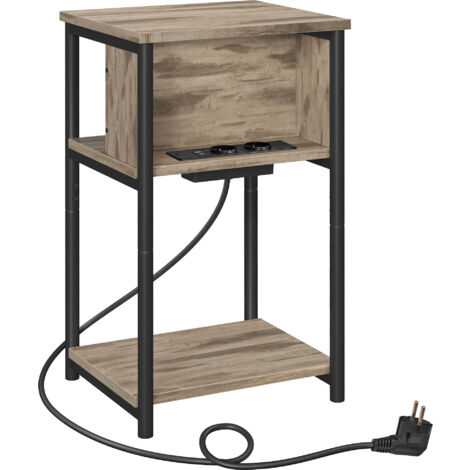 Table d'Appoint, Petite Table de Chevet avec Multiprise, Fin, 2 Prises CA, 2 Ports USB, 30 x 34 x 58 cm, pour Salon, Chambre, Marron Camel et Noir