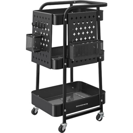 Chariot de Rangement, 3 Plateaux en Maille Métallique, 2 Panneaux Perforés Amovibles, 2 Supports Suspendus, 4 Crochets, pour Bureau, Cuisine, Salon, Salle de Bain, Noir d’Encre (1/4)