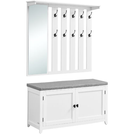 Vasagle – Ensemble porte-manteau avec banc à chaussures – 10 crochets doubles – Miroir 84,8 x 26 cm – Banc 31 x 102 x 52 cm – Blanc nuage