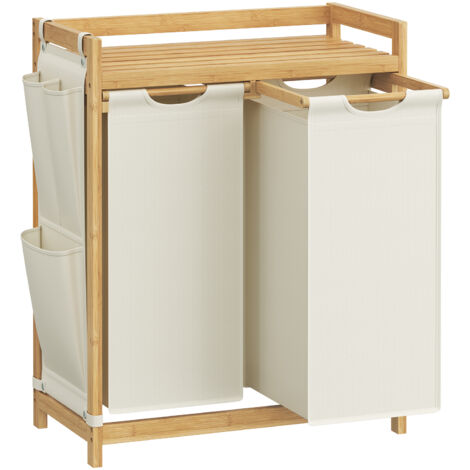 Songmics – Panier à linge en bambou 100L – 2 compartiments avec étagère – Dimensions 63 x 33 x 78 cm – Poches latérales pour rangement
