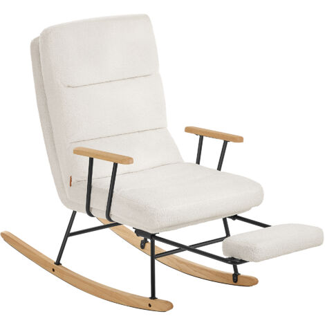 Fauteuil à bascule en bois d'hévéa – Dossier réglable 4 positions – Tissu peluche blanc crème – Supporte jusqu'à 160 kg – Dimensions 97 x 67 x 100 cm