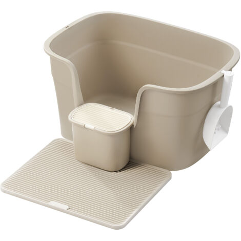 Feandrea – Bac à litière extra large 64x44x33 cm pour grands chats – Parois latérales – Tapis à litière et pelle inclus – Beige cappuccino