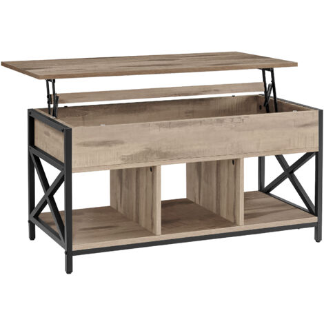 Table Basse, Table de Salon Relevable, Table Basse avec Rangement Caché et Compartiments Ouverts, Cadre en Acier, 50 x 100 x (46,5-62) cm, Marron Camel et Noir