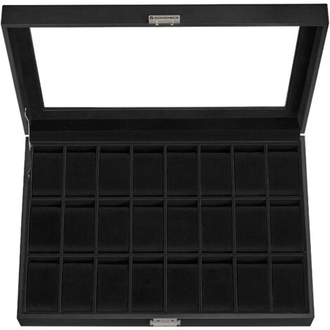 Boîte de rangement verrouillable pour montres avec 24 emplacements, couvercle en verre, cadeau pour vos proches, cuir synthétique noir, doublure noire d'encre (1/5)